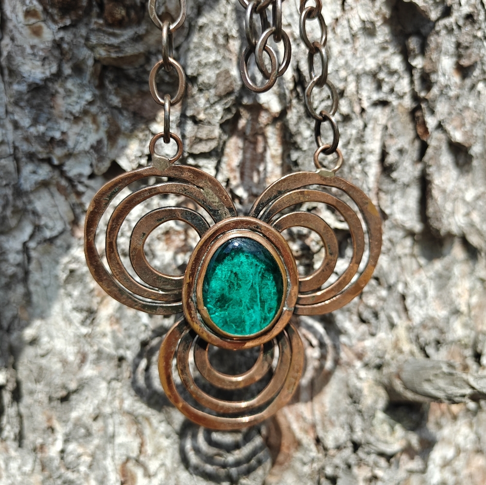 Vintage Designer Rafael Alfandary Copper & Emerald Green Glass Stone Necklace